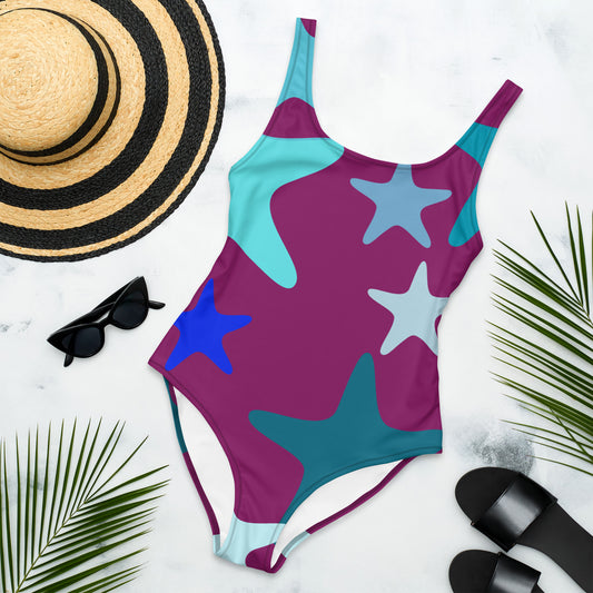 Maroon with Colorful Stars One Piece Swimsuit