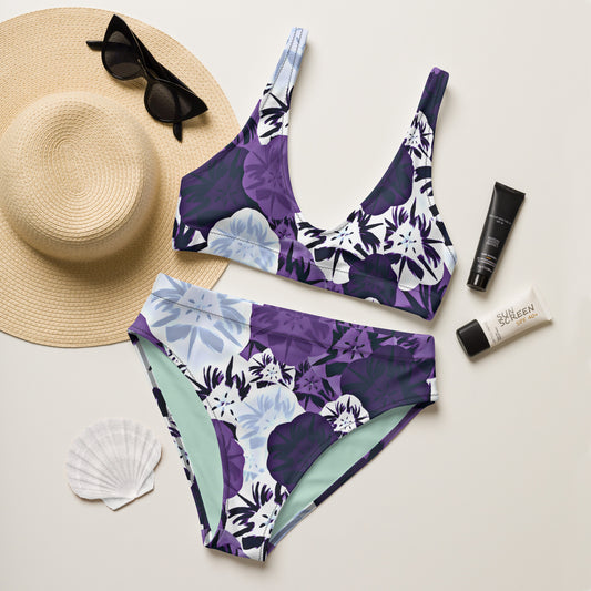 Purple and White Pansies Recycled High Waisted Bikini