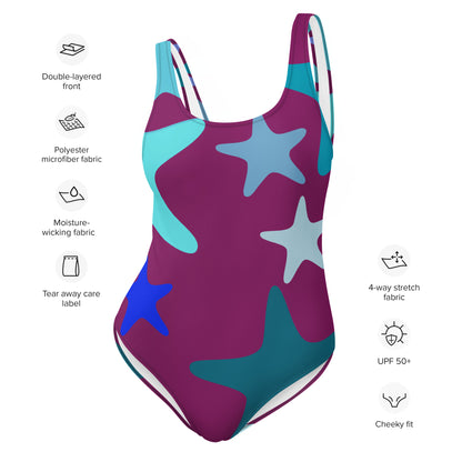 Maroon with Colorful Stars One Piece Swimsuit