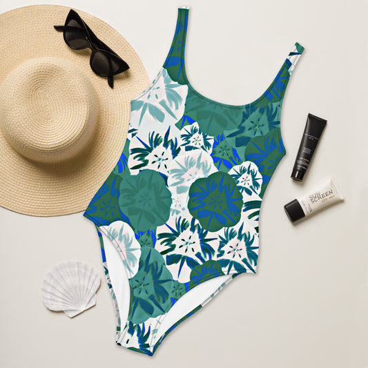 Green And White Pansies One Piece Swimsuit