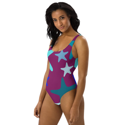 Maroon with Colorful Stars One Piece Swimsuit