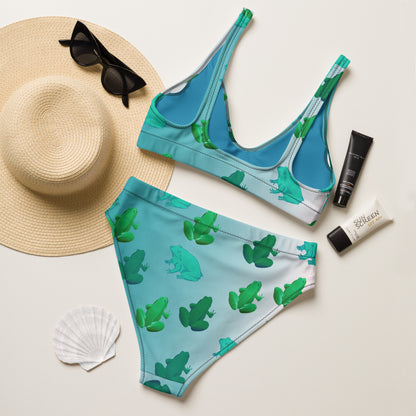 Teal Blue to Pale Blue Covered in Frogs Recycled Hig Waisted Bikini