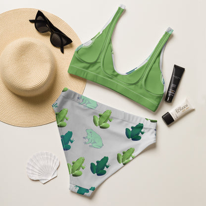 Pale Green Covered In Frogs Recycled High Waisted Bikini