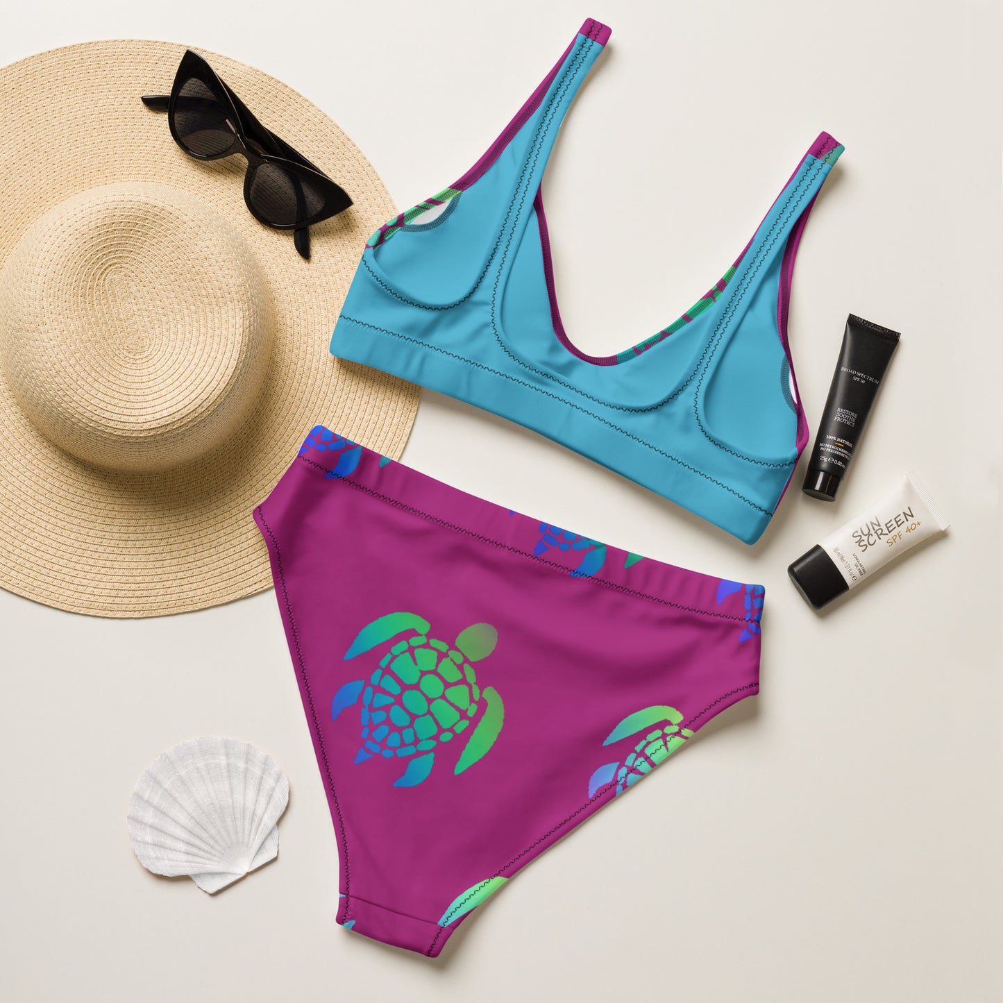 Magenta With Turtles All Over Recycled High Waisted Bikini