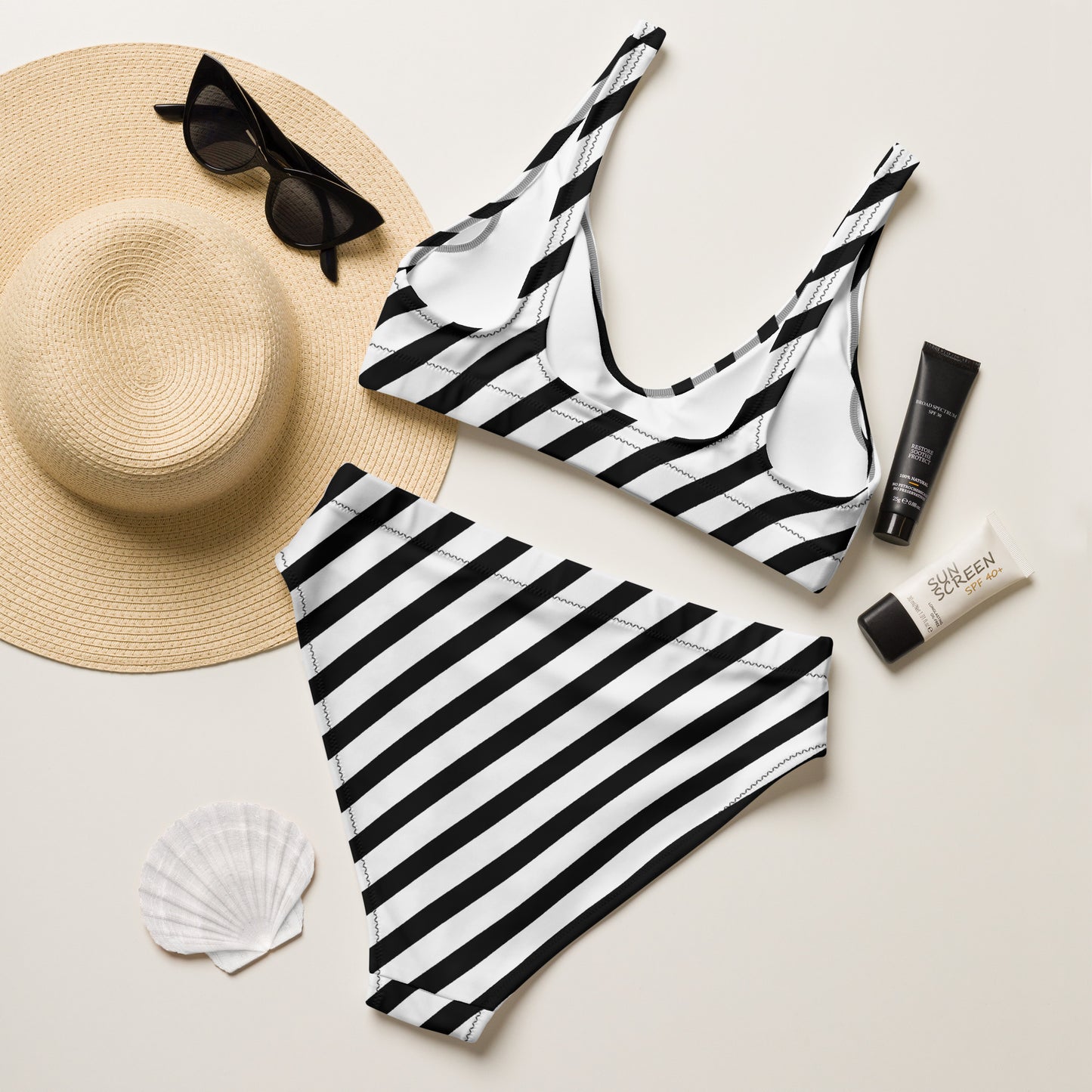 Black and White Diagonal Stripe Recycled High Waisted Bikini