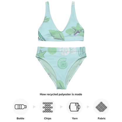 Pale Green Covered in Sea Shells Recycled High Waisted Bikini