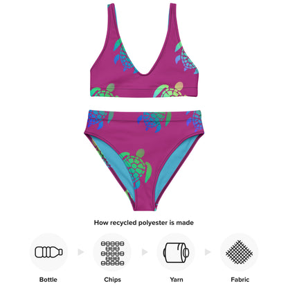 Magenta With Turtles All Over Recycled High Waisted Bikini