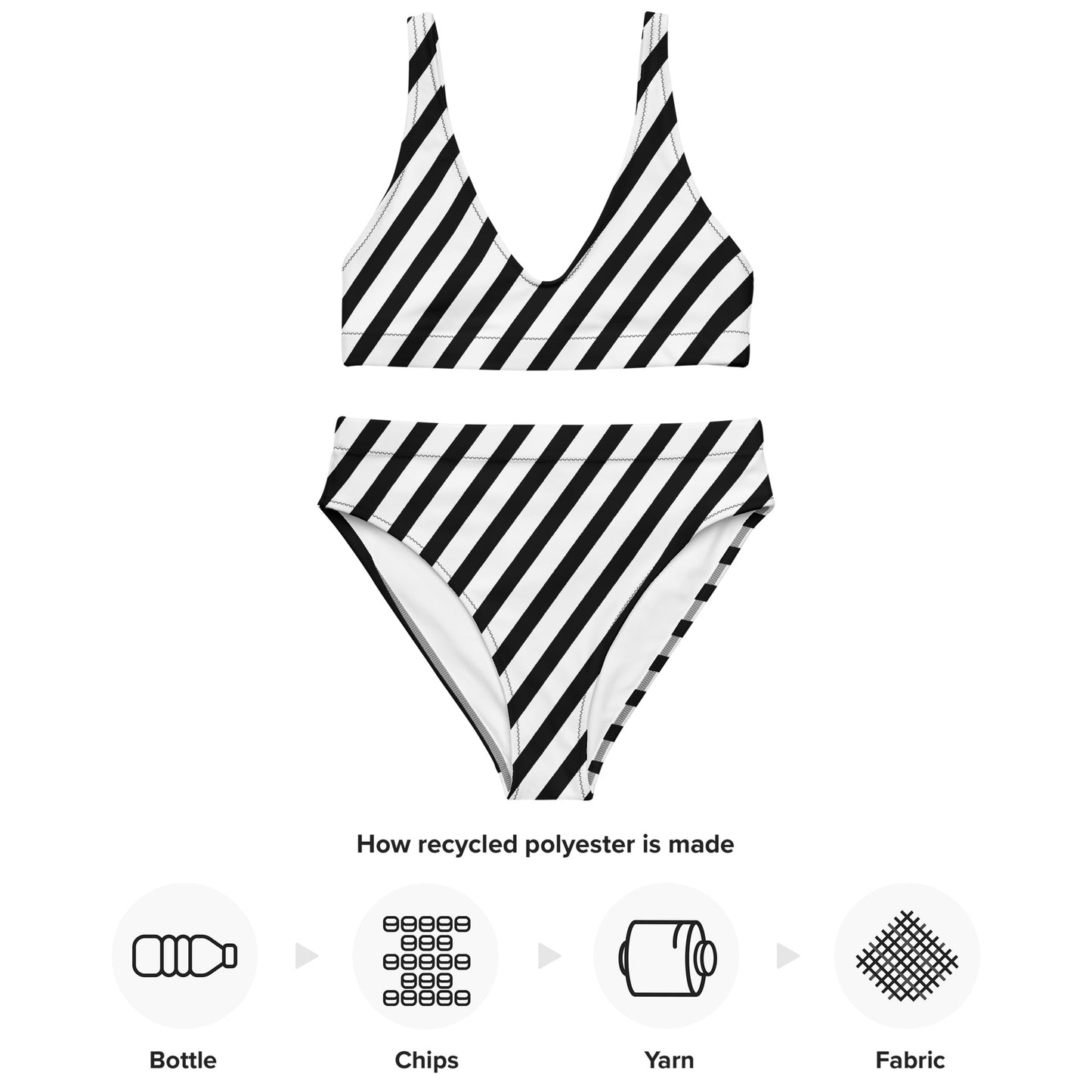 Black and White Diagonal Stripe Recycled High Waisted Bikini
