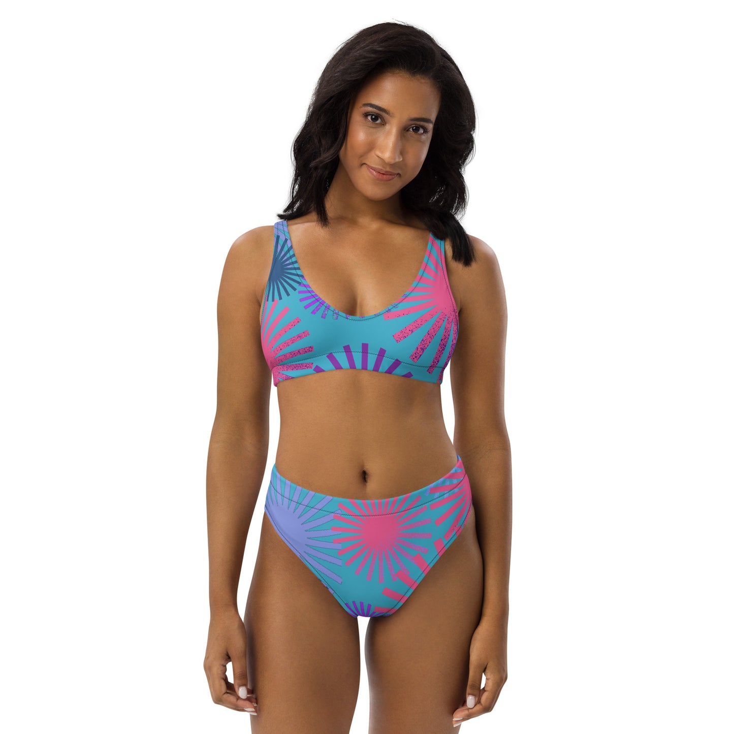 Sky Blue with Pink Recycled High Waisted Bikini