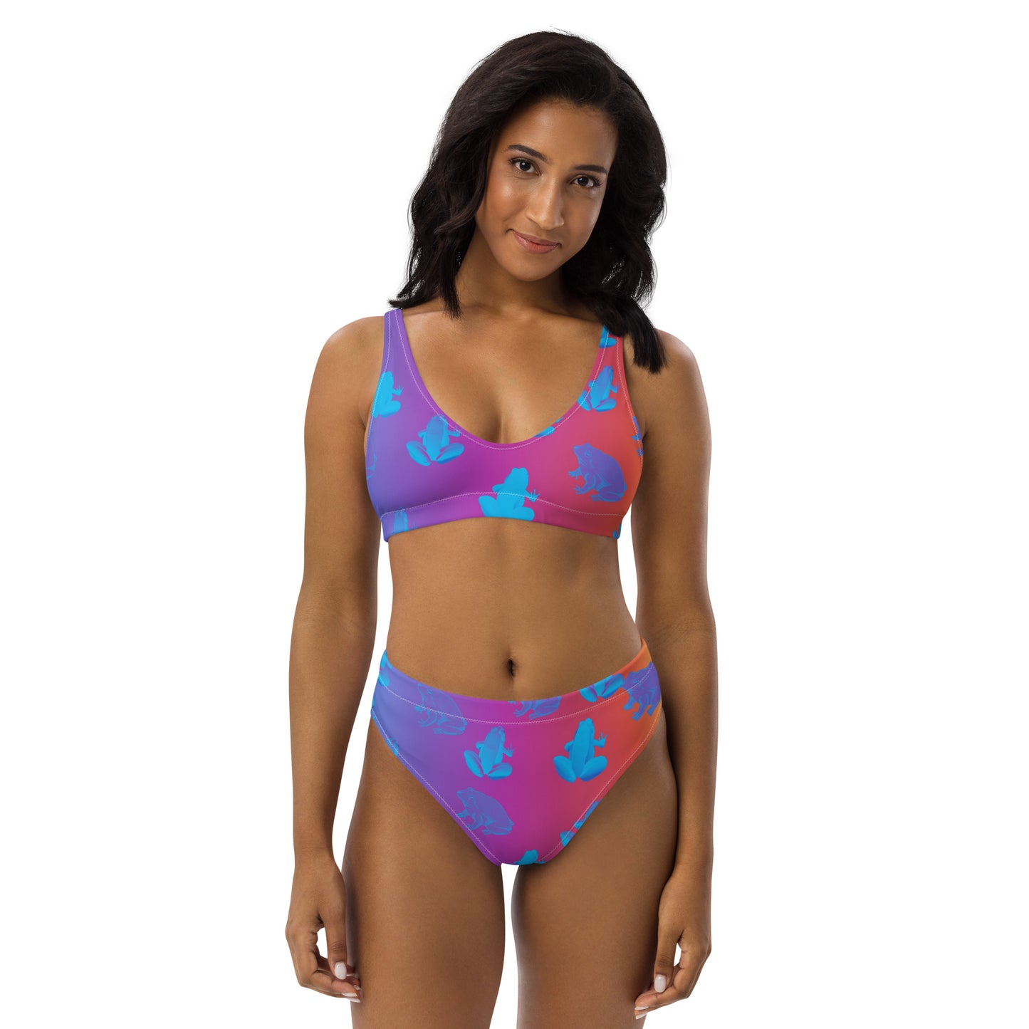 Purple to Pink Covered in Frogs Recycled High Waisted Bikini