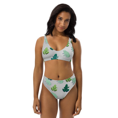 Pale Green Covered In Frogs Recycled High Waisted Bikini