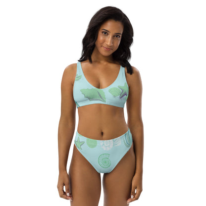 Pale Green Covered in Sea Shells Recycled High Waisted Bikini