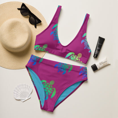 Magenta With Turtles All Over Recycled High Waisted Bikini