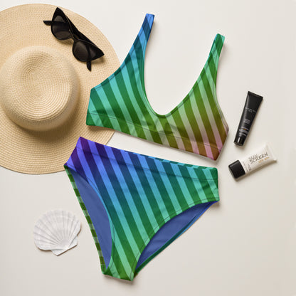 Striped Rainbow Recycled High Waisted Bikini