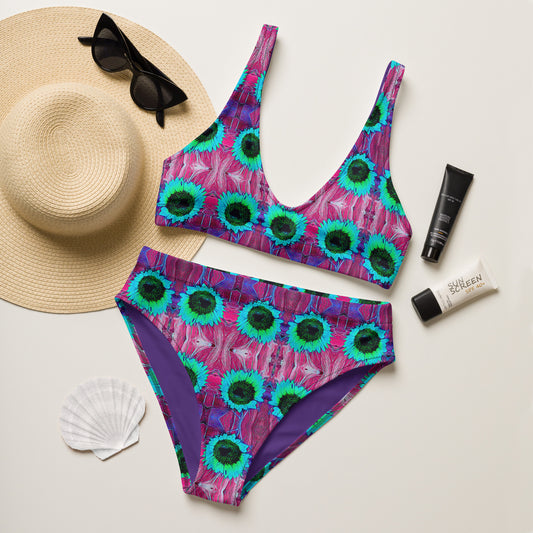 Blue Sunflowers on Pink Recycled High Waisted Bikini