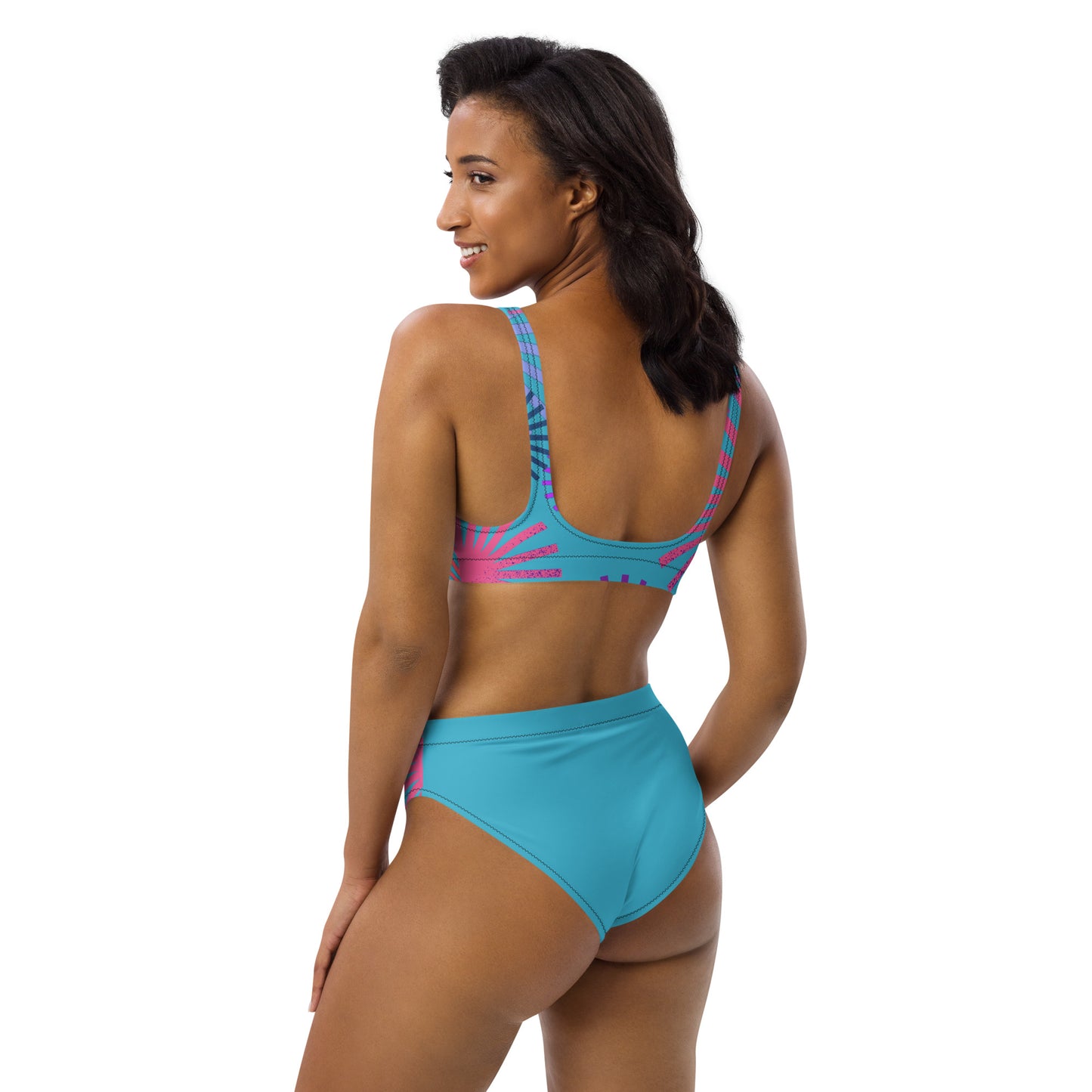 Sky Blue with Pink Recycled High Waisted Bikini