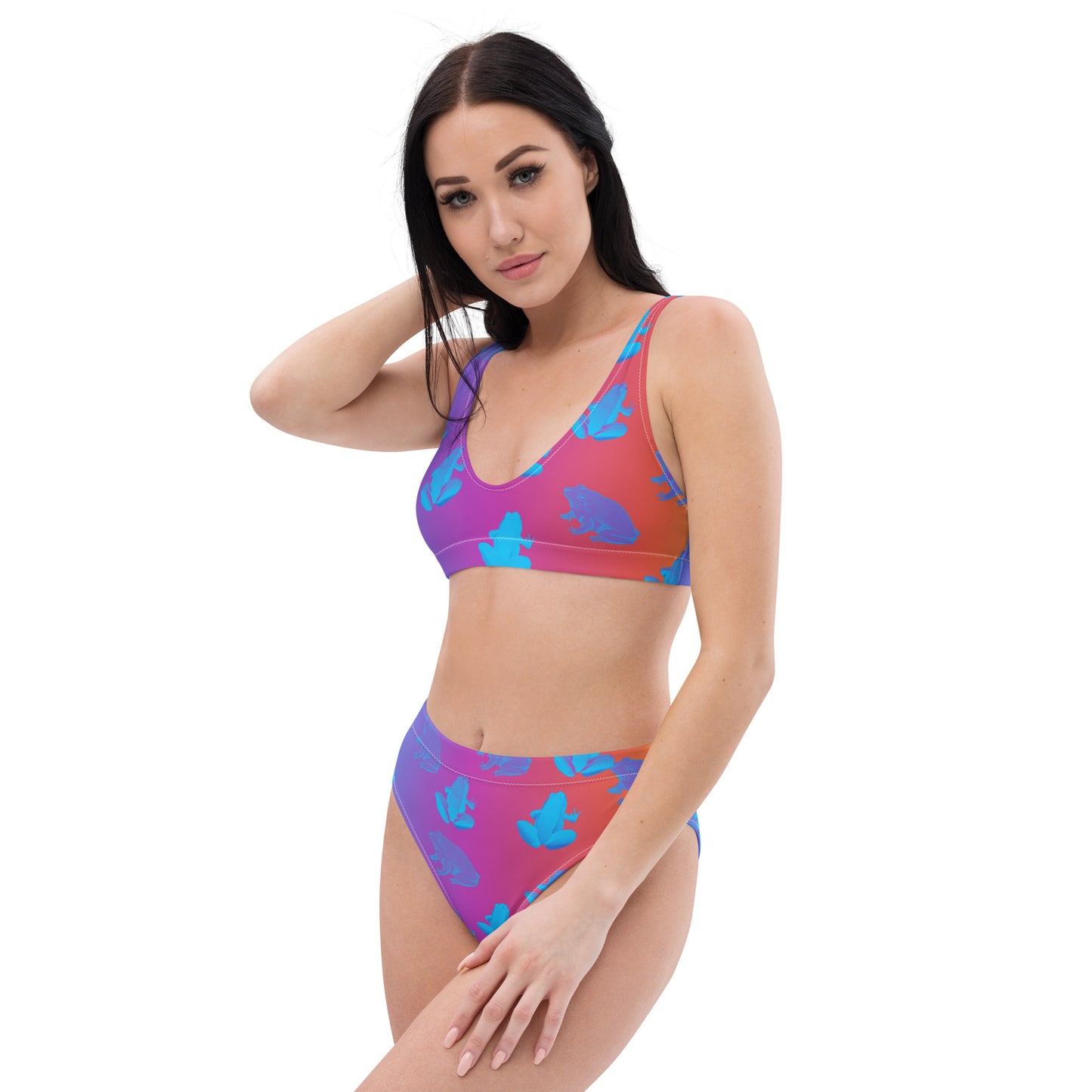 Purple to Pink Covered in Frogs Recycled High Waisted Bikini