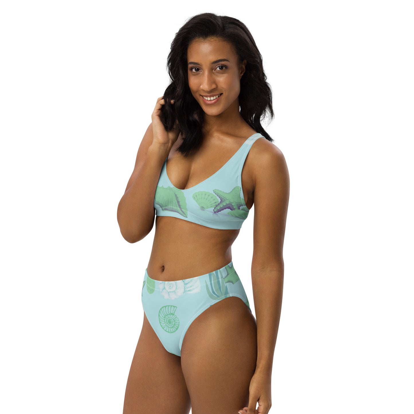 Pale Green Covered in Sea Shells Recycled High Waisted Bikini