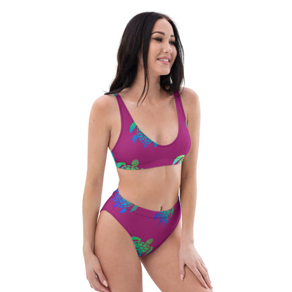 Magenta With Turtles All Over Recycled High Waisted Bikini